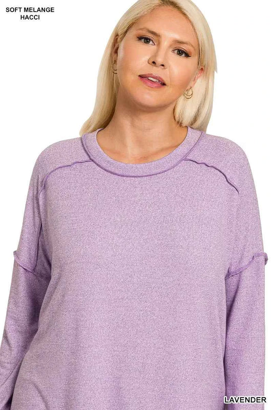 Full Size Melange Hacci Exposed Seam Hi-low Tee Plus Size b55d98c2-f204-4556-ae9a-a040069213d9-Max-Origin