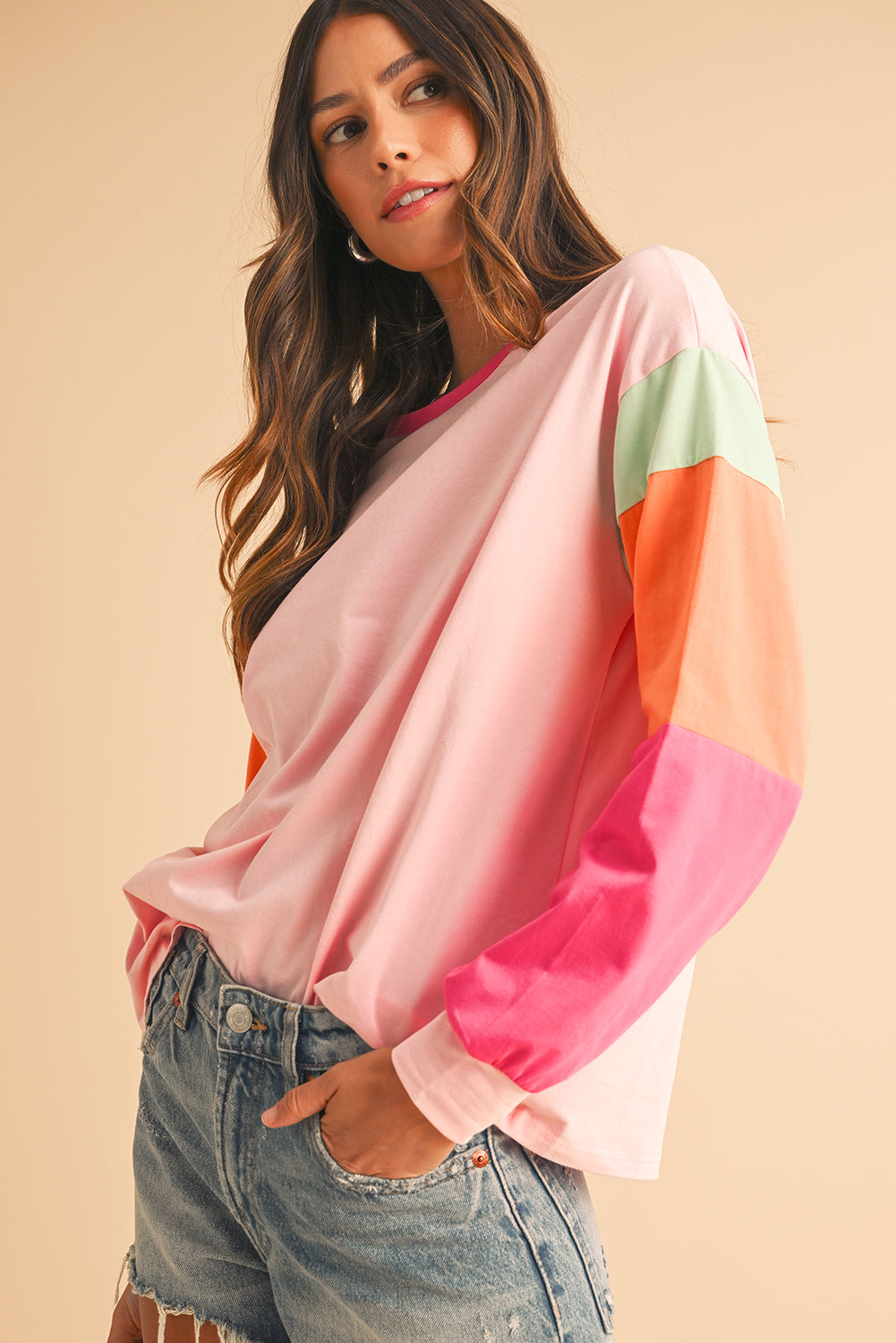 Green Color Block Sleeve Loose Fit Top b55fbcb69d00f10b