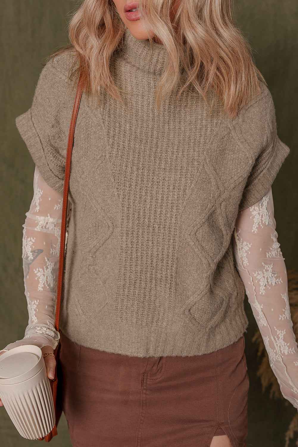 Smoke Gray Textured Knit Mock Neck Short Sleeve Sweater b5688e09690034d0