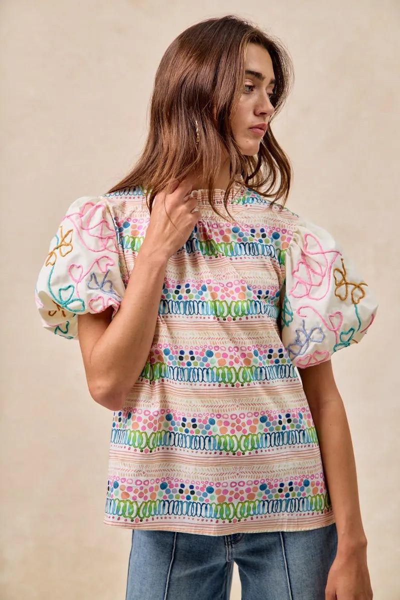 BiBi Ruffle Neckline Blouse With Embroidery Bubble Sleeve b569429c2e2742d39a82162177583c3d-Max-Origin