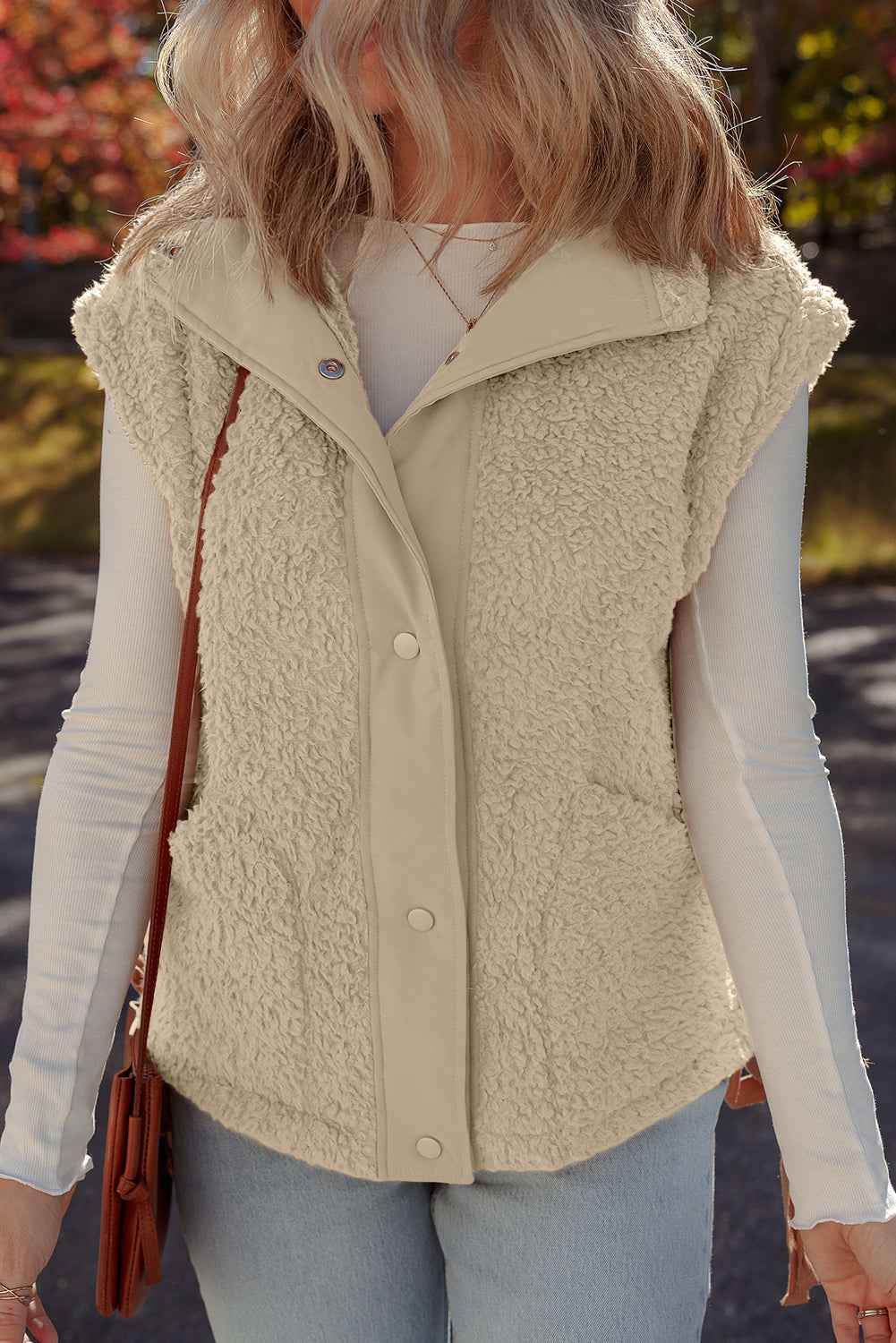 Beige Faux Fur Snap Button Front Knot Side Plush Vest b56fbf8d2b29ce22