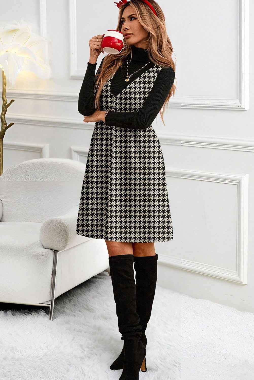 Red Houndstooth Print V Neck Sleeveless Mini Dress b575ea9974c5611e