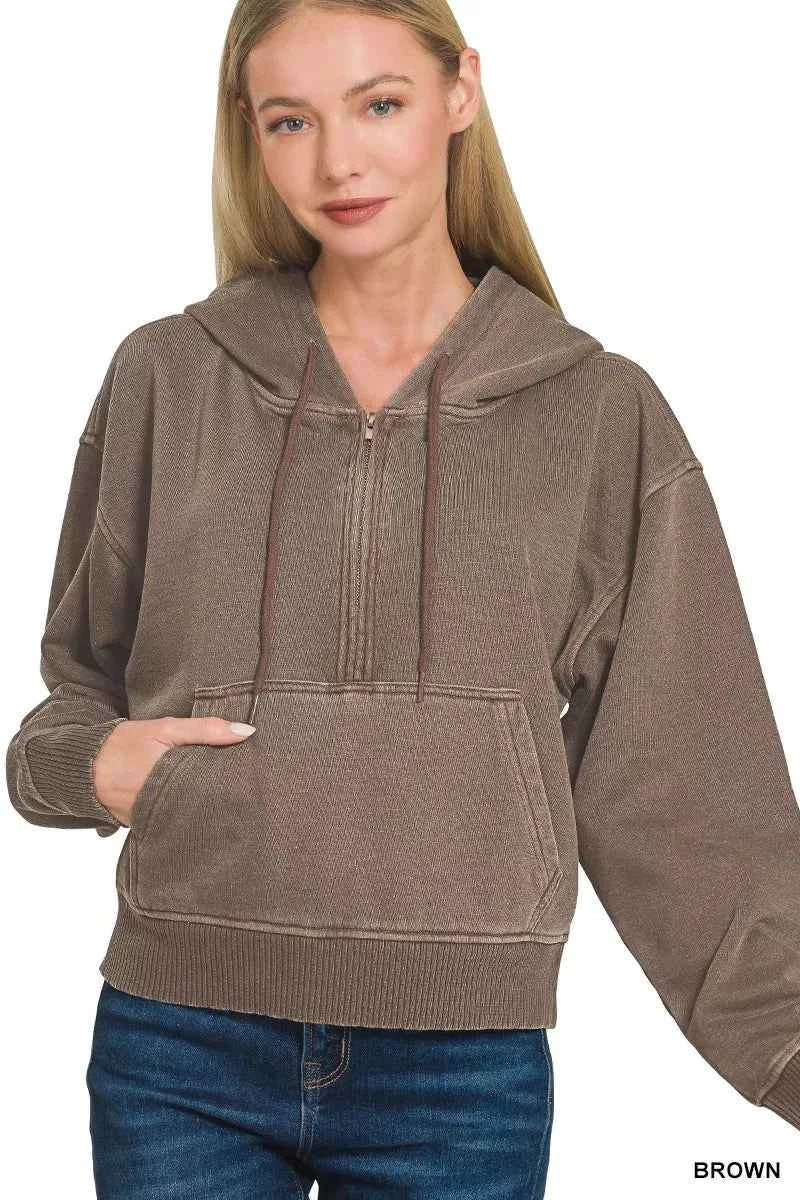 Zenana Fleece Pigment Dye Half Zip Kangaroo Pocket Hoodie BROWN b579221797a94f859755fc7ffe8465f6-Max-Origin