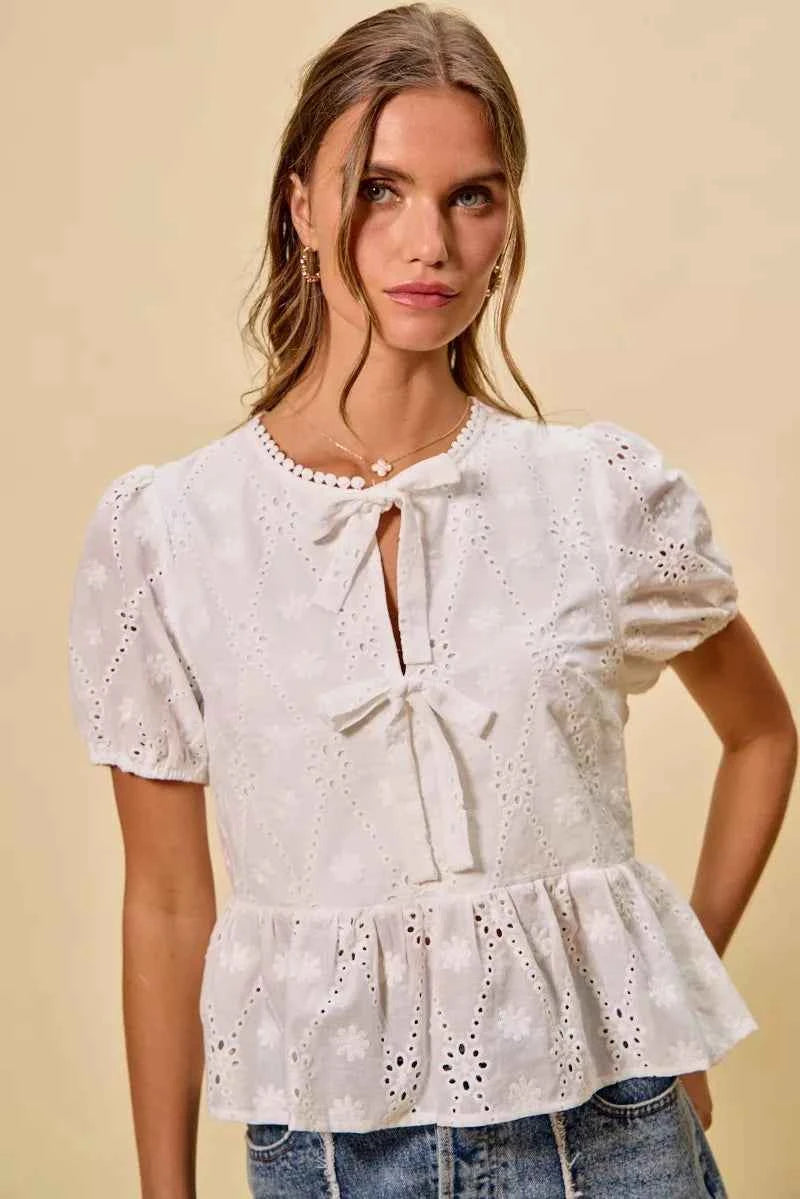 SO ME Cotton Eyelet Front Tie Short Sleeves Blouse b57d6e42c81441028b03eda6d44ff109-Max-Origin