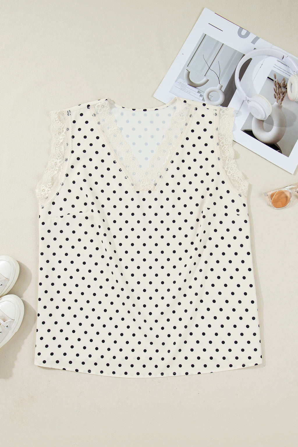 Apricot Plus Size Polka Dot Print Lace Trim V Neck Sleeveless Top b57d9f62ac2eb5b1