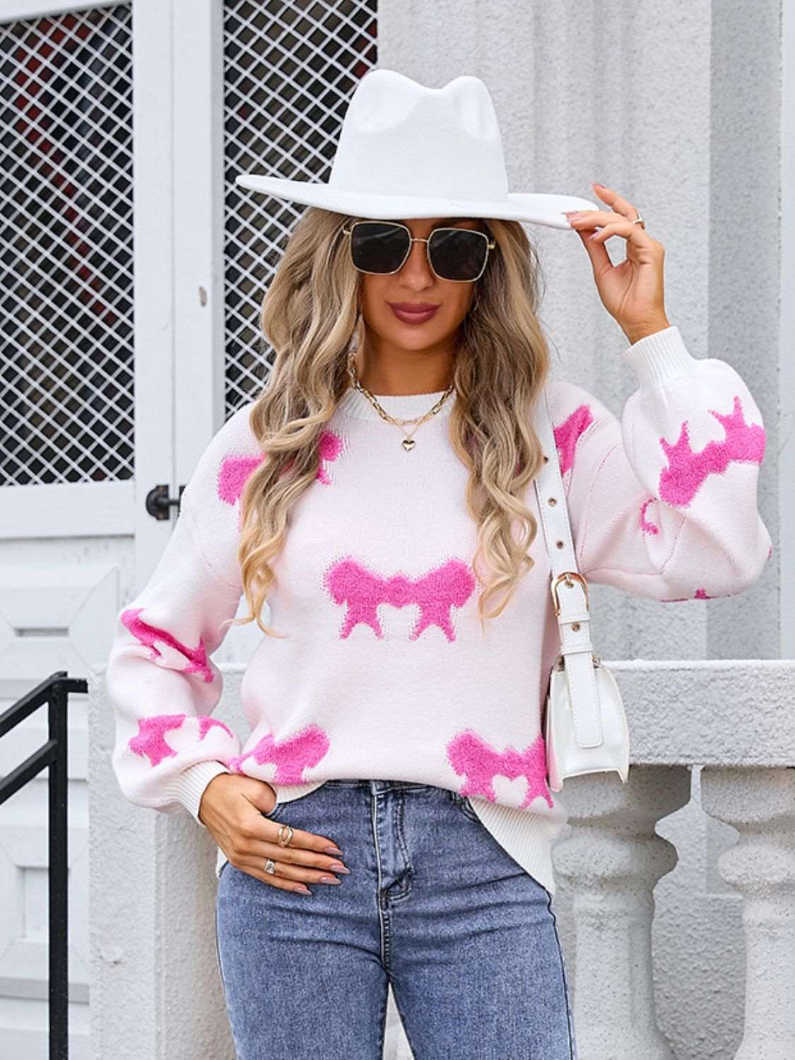 Angel Wings Bow Round Neck Dropped Shoulder Sweater