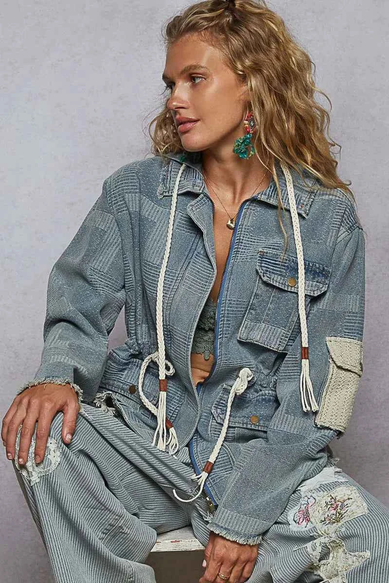 POL Raw Hem Drawstring Zip Up Hooded Denim Jacket Dusty Blue b5824845-a80d-4691-92af-3132a964baed-Max-Origin