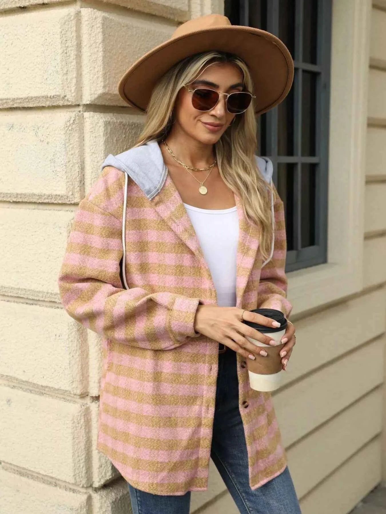 Plaid Button Up Long Sleeve Drawstring Hooded Jacket b58473019182492a8cf1083ef6c1346e-Max-Origin