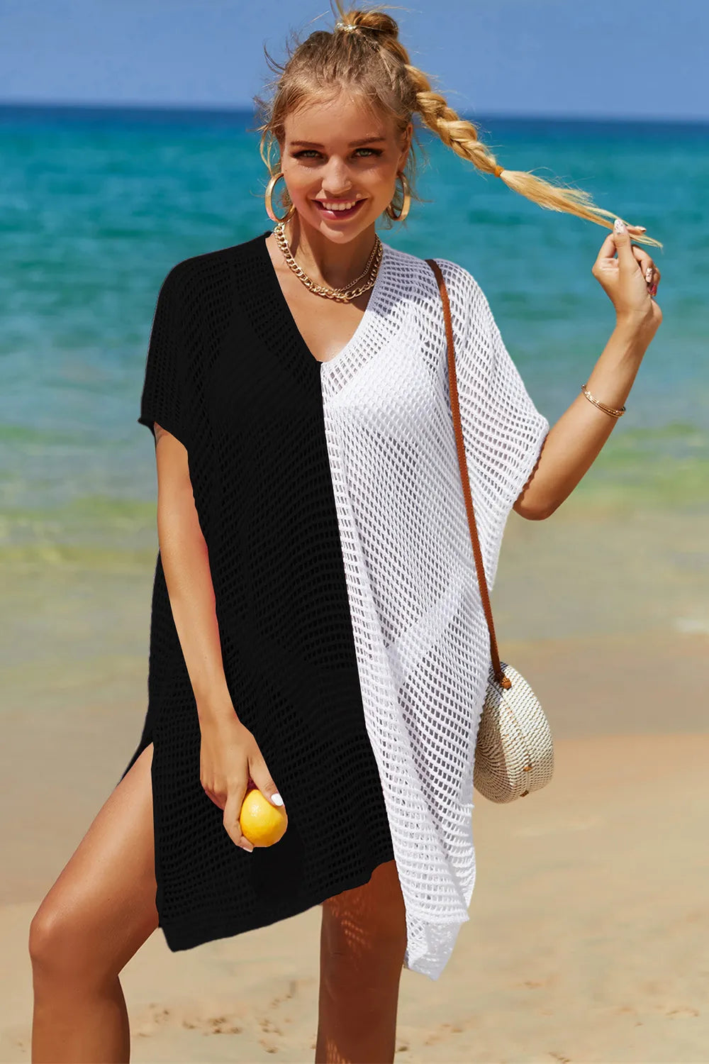 Angel Wings Openwork Contrast Slit Knit Cover Up b58720e4-b7d0-444a-bfed-46431d6060a7-Max