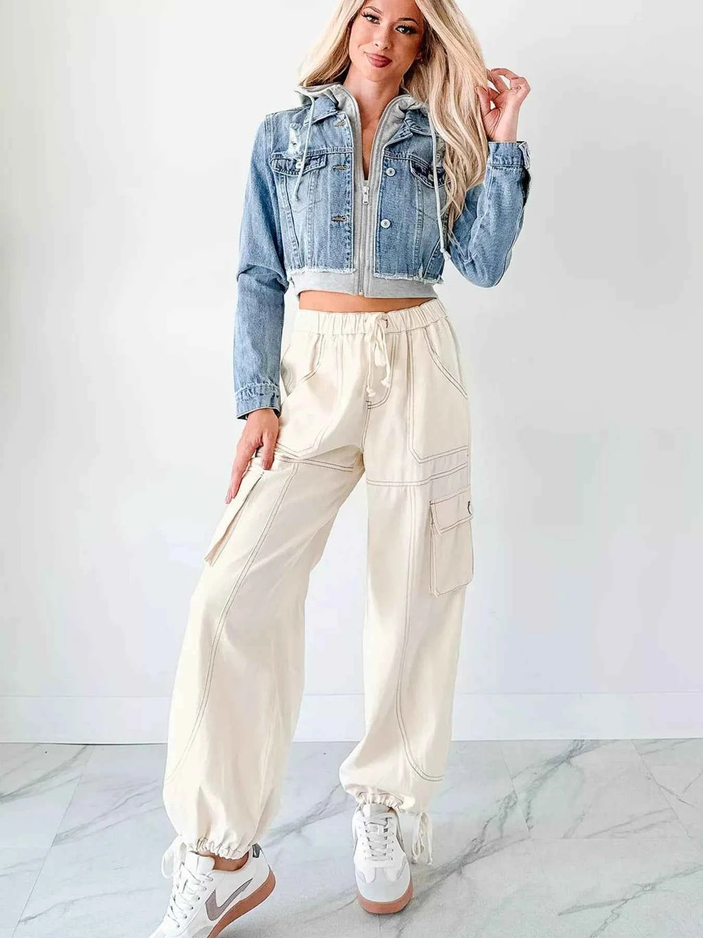 Distressed Zip Up Cropped Hooded Denim Jacket b587e27bb18a42499ee8d5d7051022a7-Max-Origin