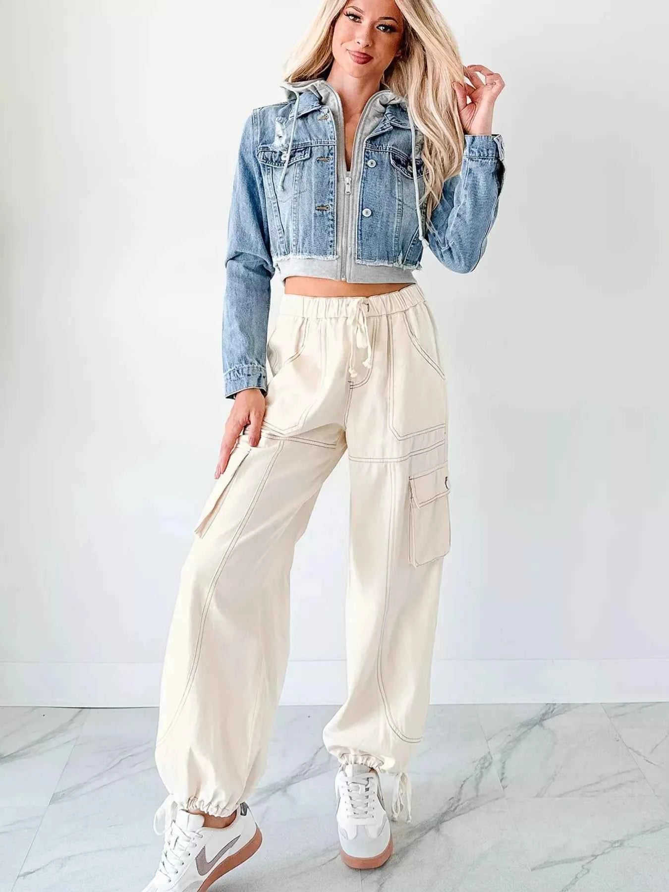 Distressed Zip Up Cropped Hooded Denim Jacket b587e27bb18a42499ee8d5d7051022a7-Max-Origin