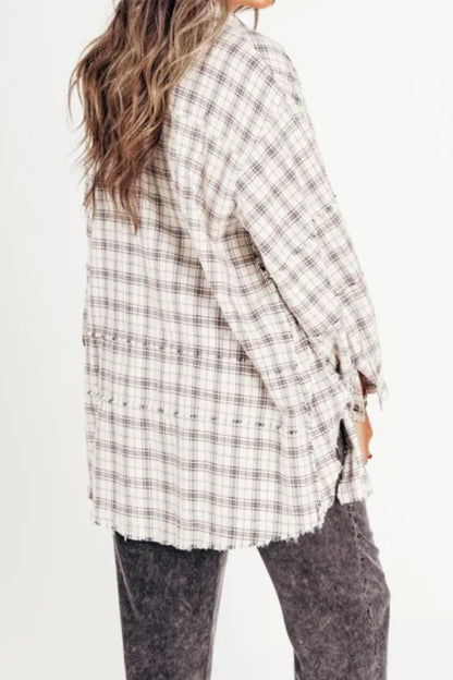 Exposed Seam Plaid Collared Neck Long Sleeve Shirt