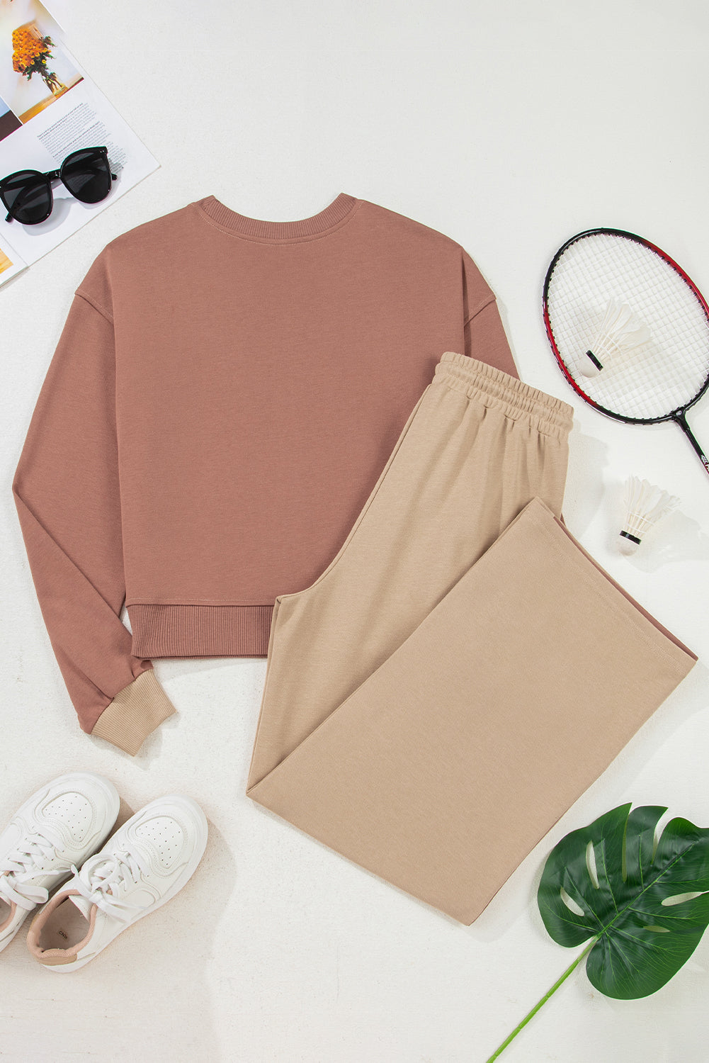 Khaki Color Block Long Sleeve Crop Top Drawstring Pant Set b590074d5badbedd