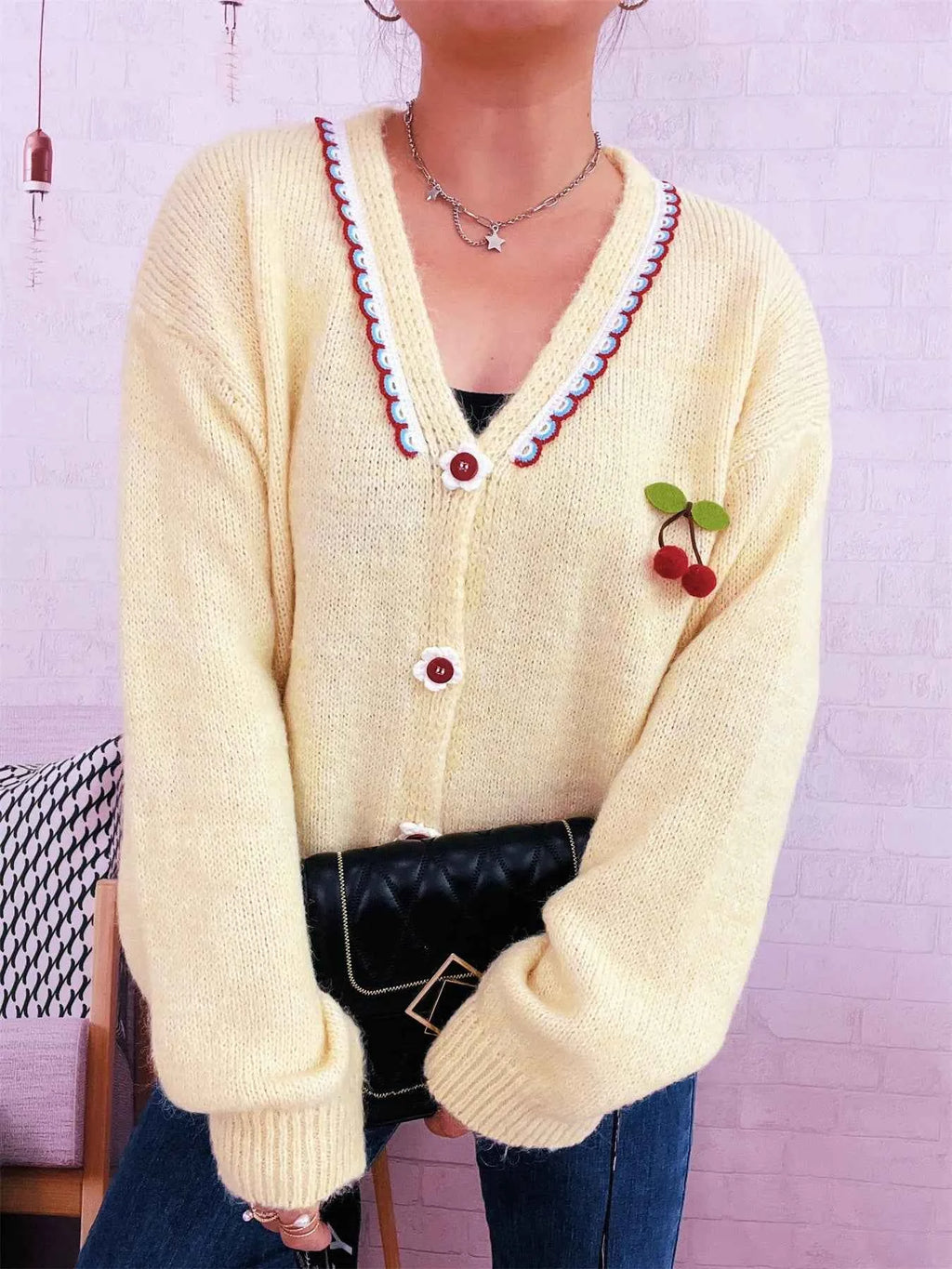 Cherry Button-Front Long Sleeve Cardigan b5955d623d8448e98065a4b2d9b1a924-Max-Origin