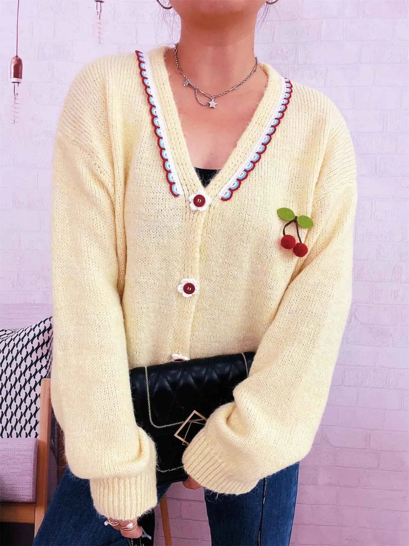 Cherry Button-Front Long Sleeve Cardigan b5955d623d8448e98065a4b2d9b1a924-Max-Origin
