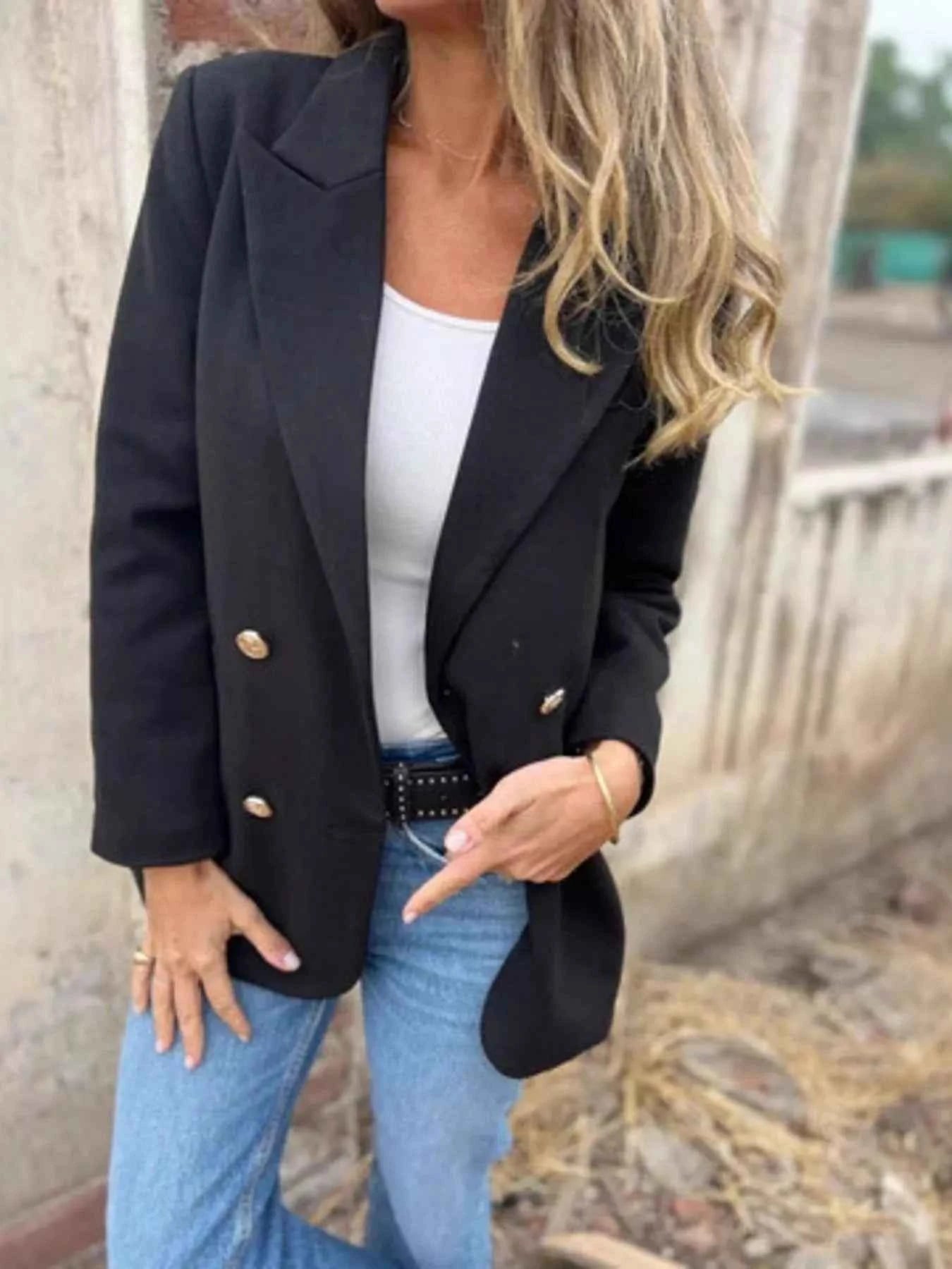 Full Size Double Breasted Long Sleeve Blazer Plus Size Black b59802d9-776a-4331-a743-f2e416c62d80-Max-Origin