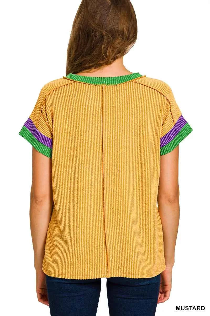 Mardi Gras Raised Rib Contrast Trim Top b5997eae5aed4d939fbc86ad11699def-Max-Origin