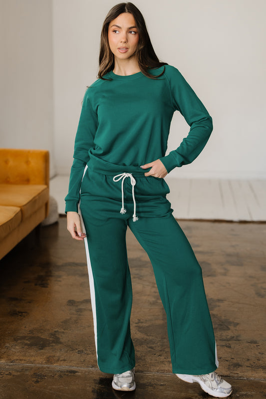 Sea Green Solid Color Pullover Top Varsity Stripe Detail Loose Drawstring Pants Set b59a06d41b17cf17