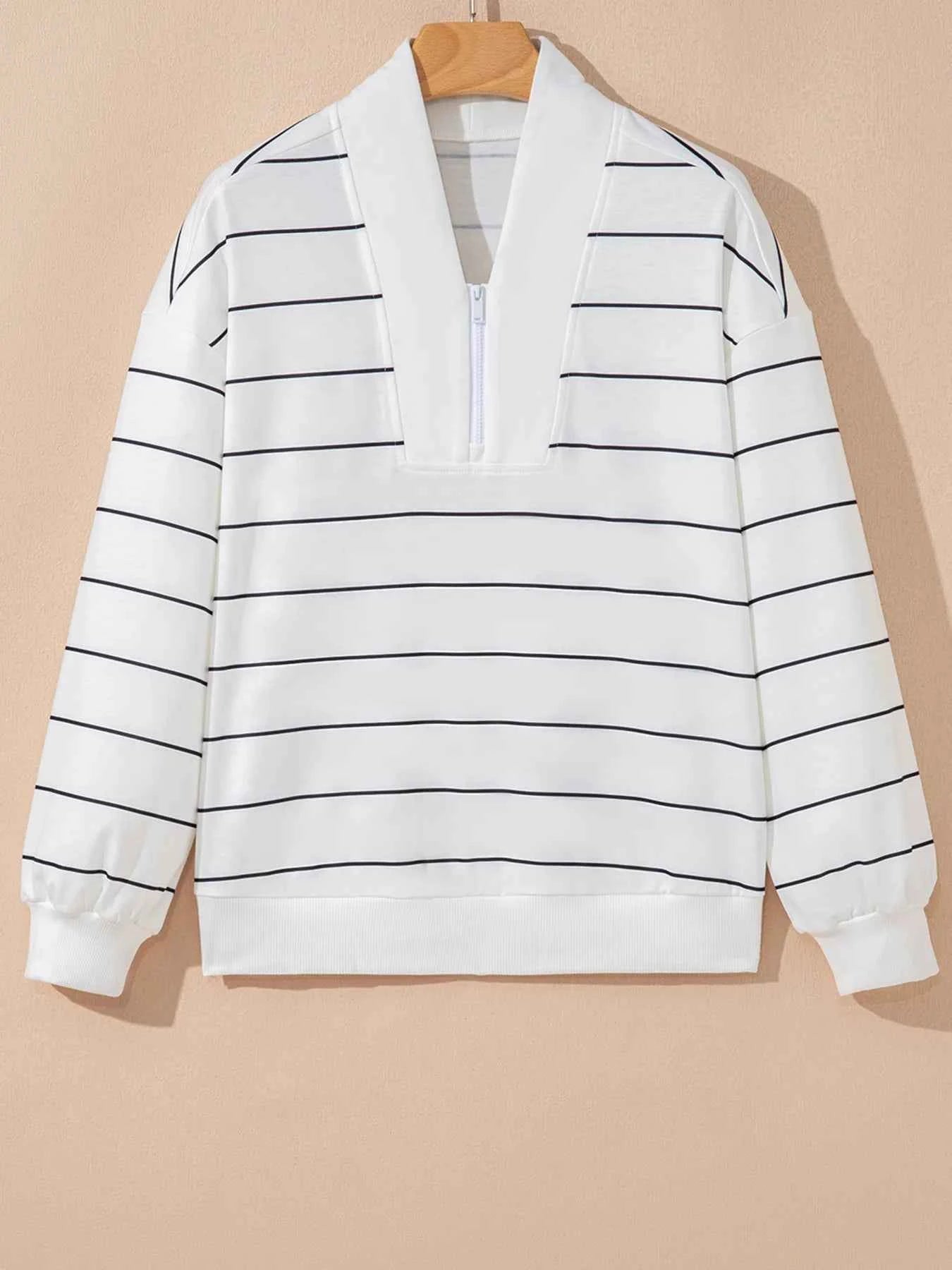 Striped Quarter Zip Sweatshirt with Relaxed Fit b59a17c904ab450a93be2b4aef9571ee-Max-Origin
