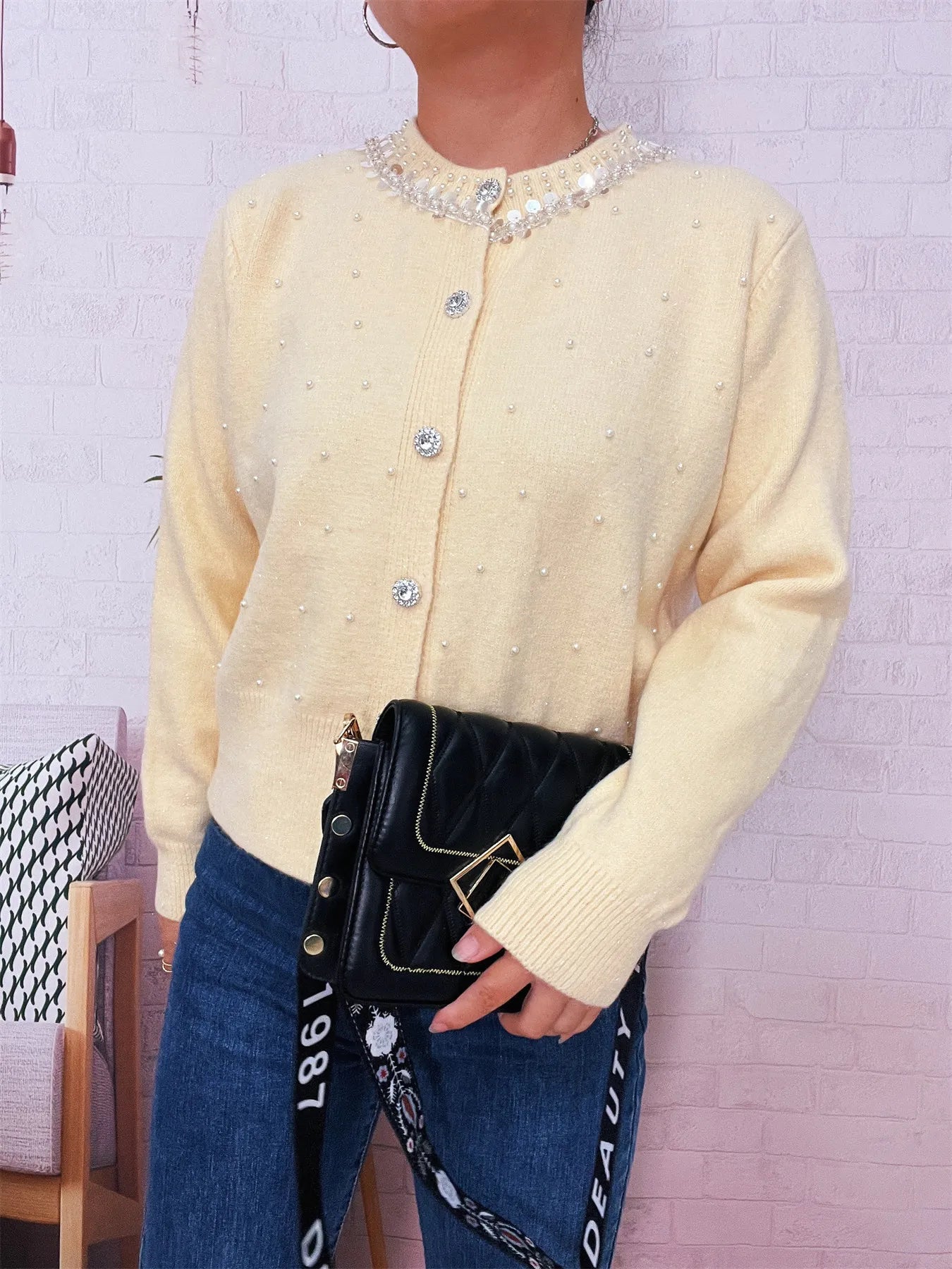 Pearl Detail Button-Front Cardigan Yellow One Size b59d407f3d7a4c359cd747e0152e4707-Max-Origin