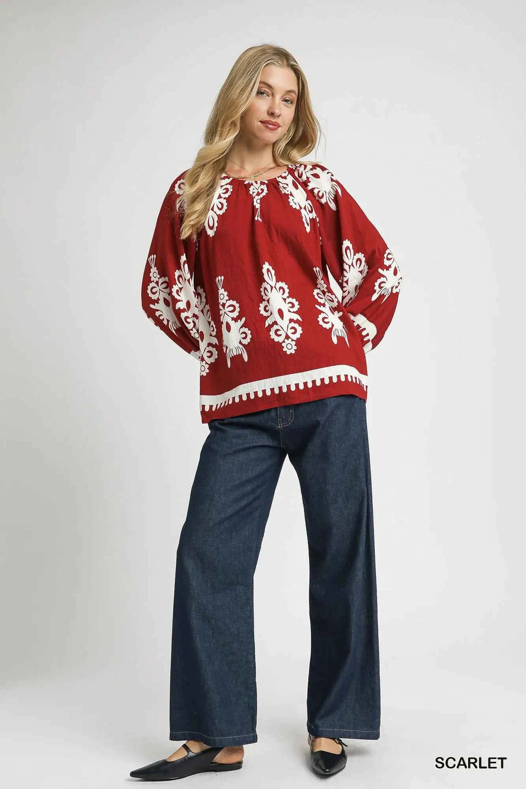 Umgee Two Tone Border Print Top with Balloon Sleeves b59f32a4-c6a7-4d67-88f6-a8a90dbf4411-Max-Origin