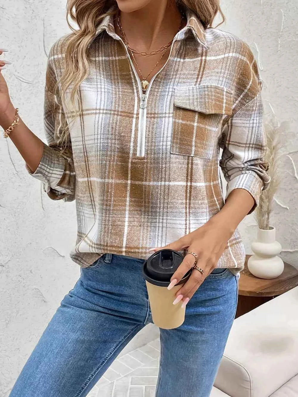 Plaid Collared Neck Half Zip Long Sleeve Top Camel b5a3a062-2f02-4123-9a4c-baf046f34cfc-Max