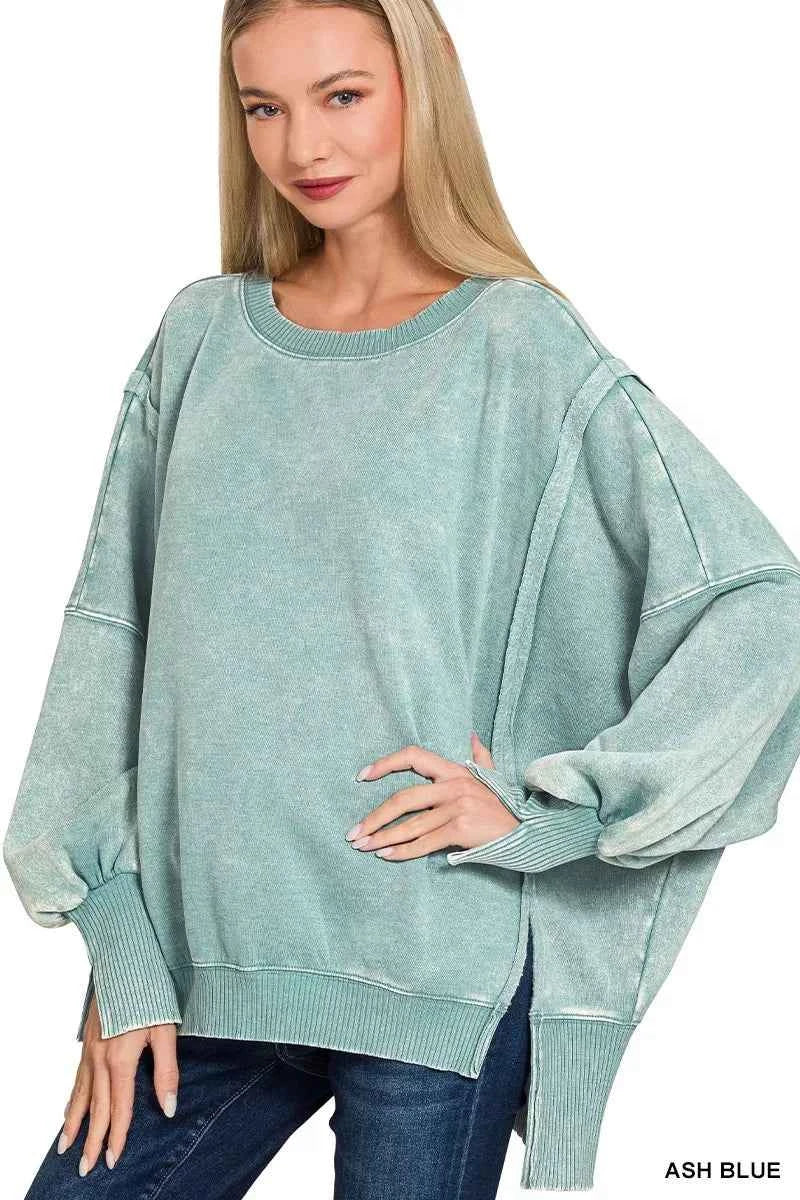 Zenana Acid Washed Batwing Sleeve Fleece Sweatshirt ASH BLUE b5a56d8354e4486a96e8d312ee7d91f9-Max-Origin