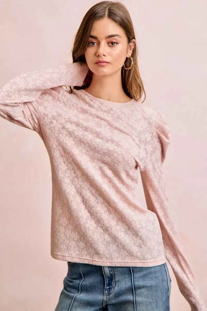 BiBi Textured Flower Knit Puff Shoulder Top b5a7a338fa20461fa9aac71da9bc4b0d-Max-Origin