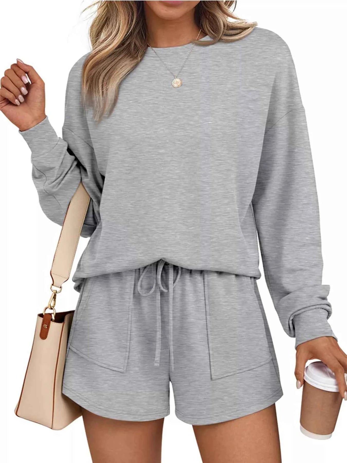 Round Neck Long Sleeve Top and Shorts Set Light Gray b5a9159b863f4f5eb4de03964e0ae173-Max-Origin