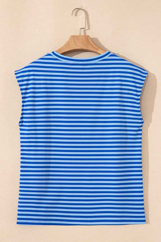 Sky Blue Stripe Ribbed Cap Sleeve Round Neck T Shirt b5ae9cd7b573987c