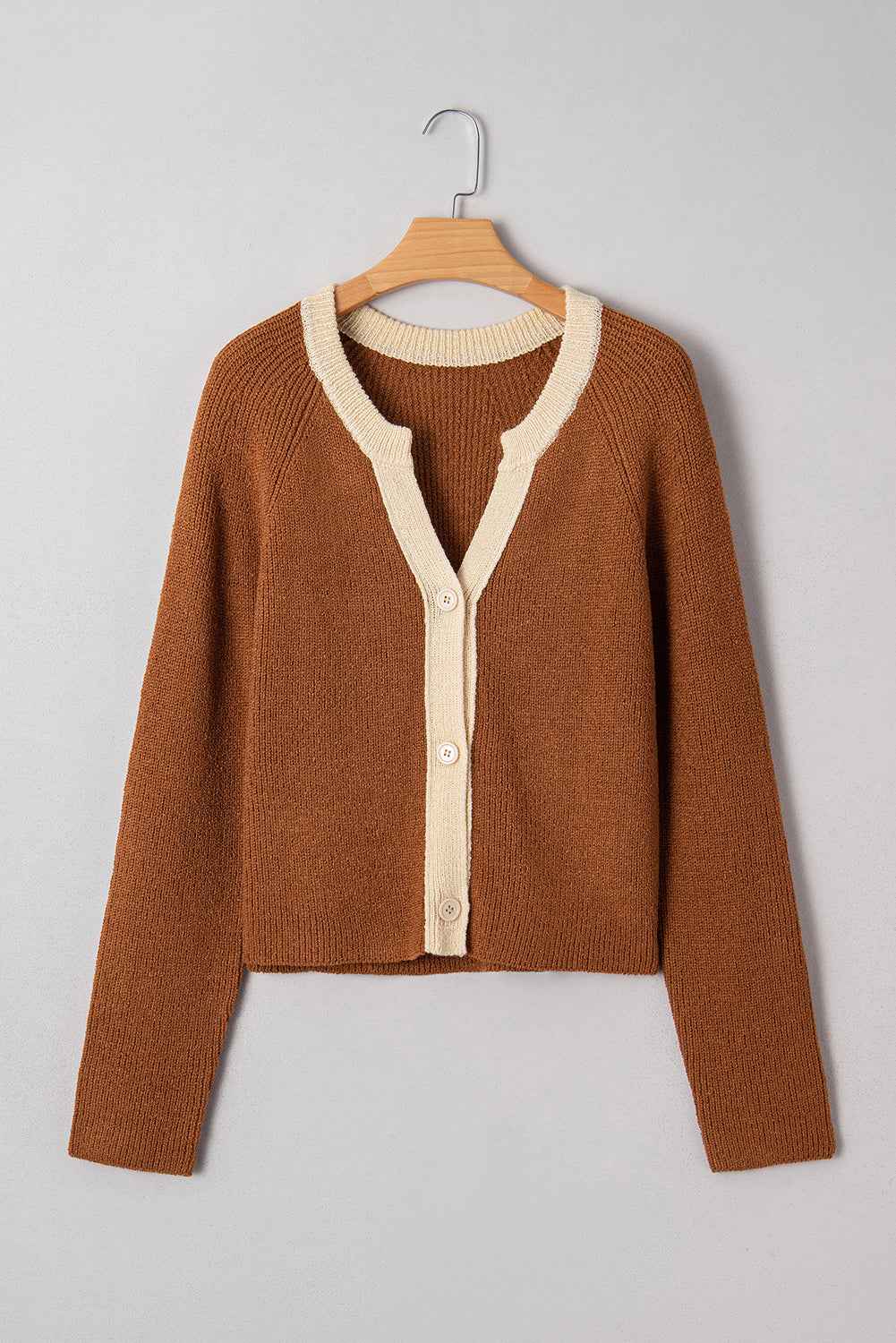 Chestnut Contrast Color V Neckline Knit Cardigan b5af051e3d1fd2b7