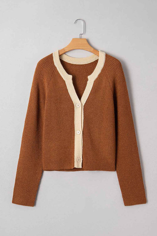 Chestnut Contrast Color V Neckline Knit Cardigan b5af051e3d1fd2b7