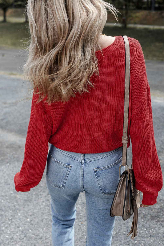 Racing Red Solid Textured Knit V Neck Drop Shoulder Sweater b5c189b7df35d123