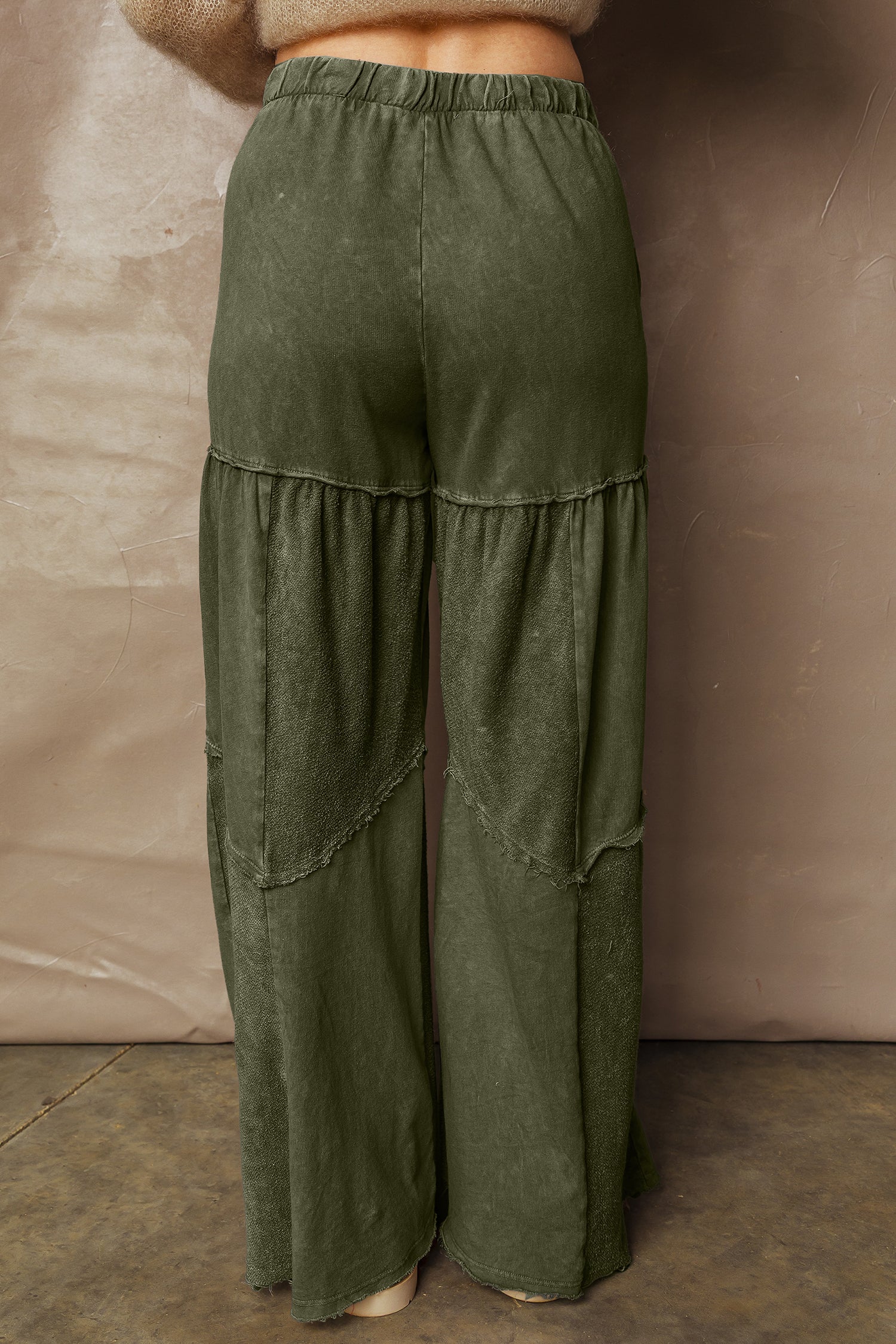 Vineyard Green Mineral Wash Tiered Wide Leg Patchwork Drawstring Pants b5c403c309025e02