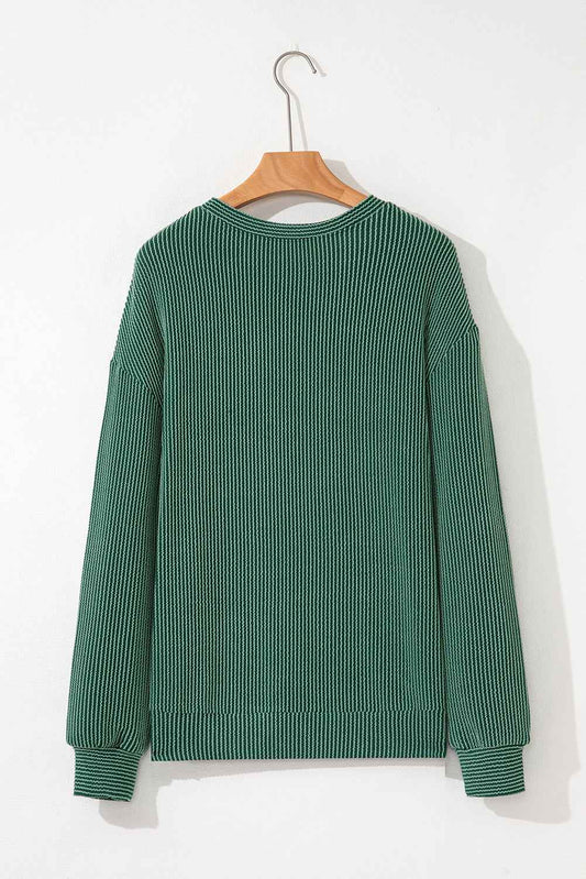 Evergreen Twisted Rib Merry Letter Graphic Loose Long Sleeve Top b5c7b8f1d243dd23