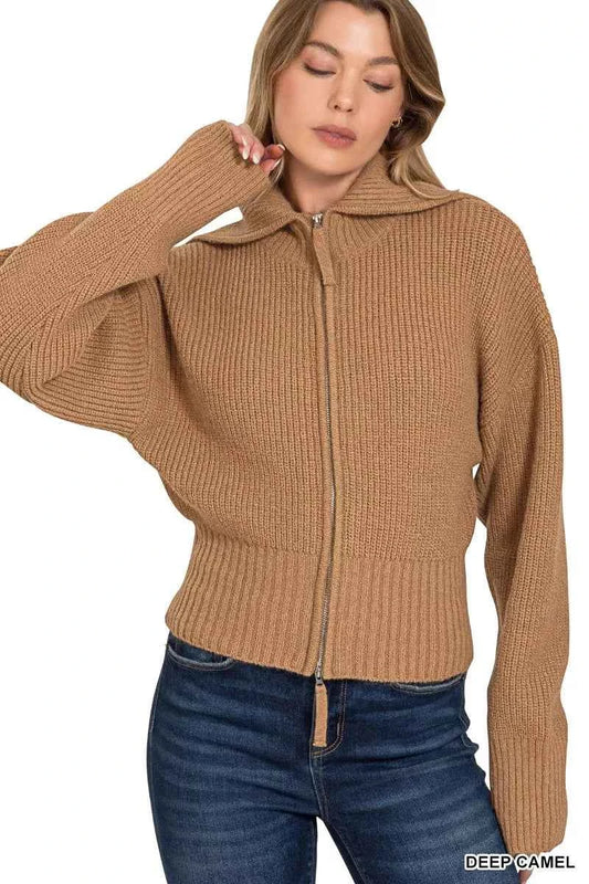 Ribbed Collared Zip Up Sweater Cardigan b5caef88215047da9fe28fcd112c9ac1-Max-Origin