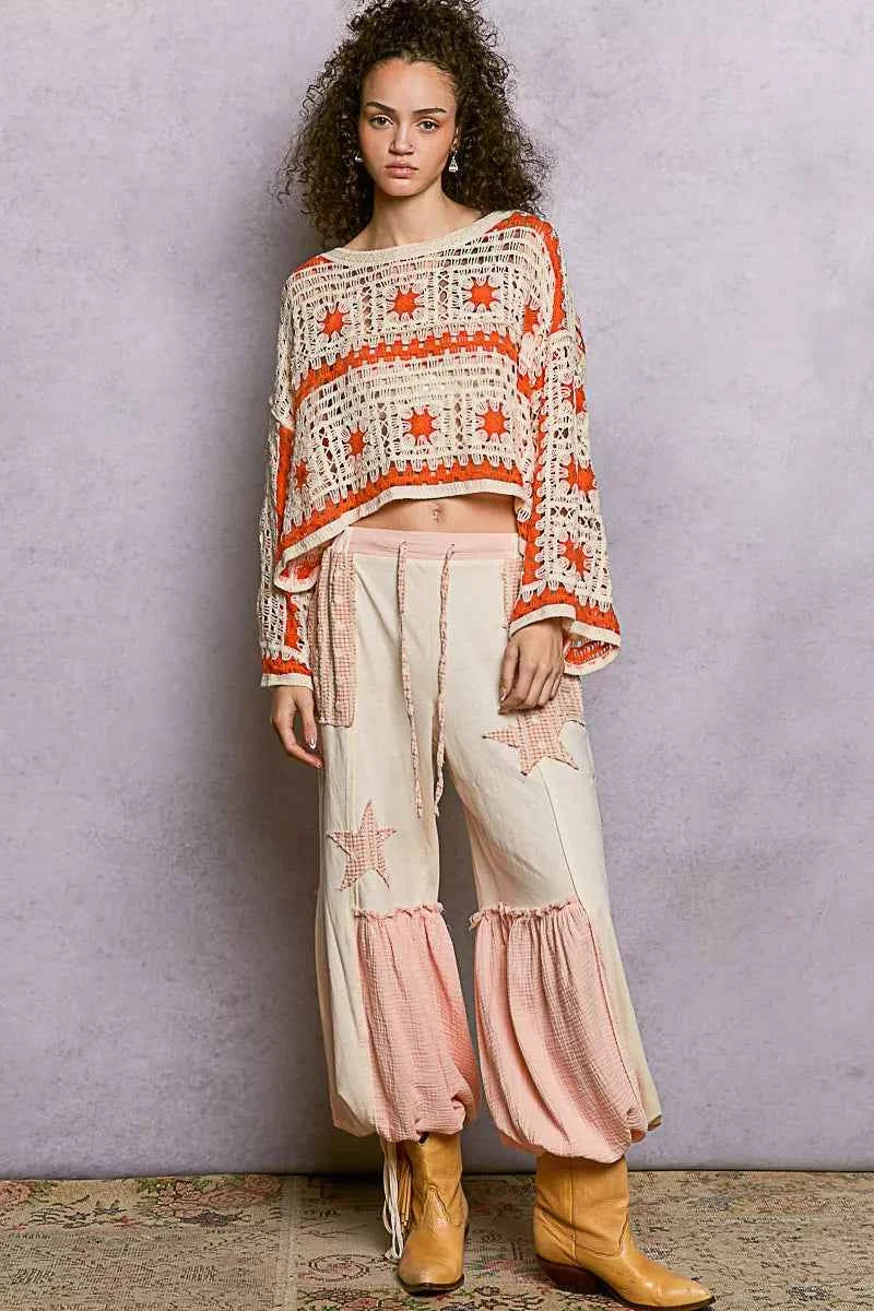 POL Boat Neck Long Sleeve Crochet Top with Granny Square Weaving b5d35164-24bc-4bd0-aa67-b78728c0a2ba-Max-Origin