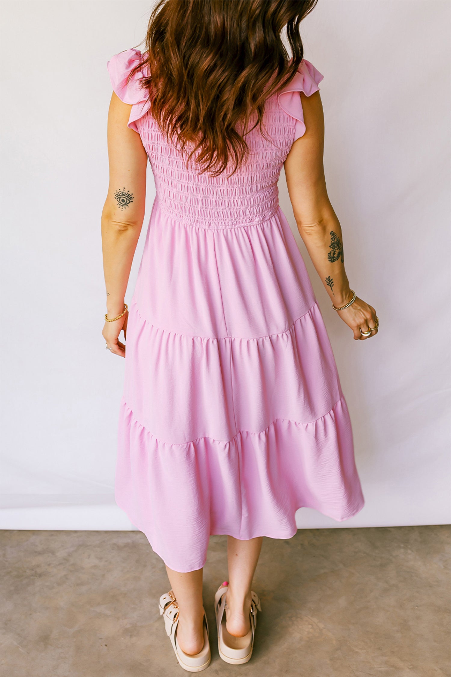 Pink Smocked Bodice Flutter Sleeve Fit Flare Tiered Midi Dress b5d72341289a4927