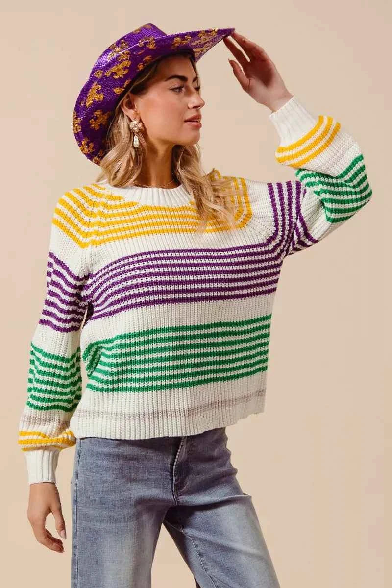 SO ME Mardi Gras Color Striped Raglan Sweater Top b5da05bb80fe45b8b6608389c6612822-Max-Origin