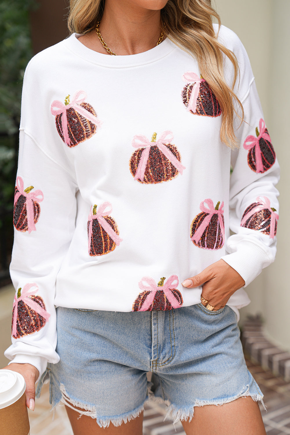 White Sequin Bow Pumpkin Patched Cotton Baggy Sweatshirt b5db01276086befd