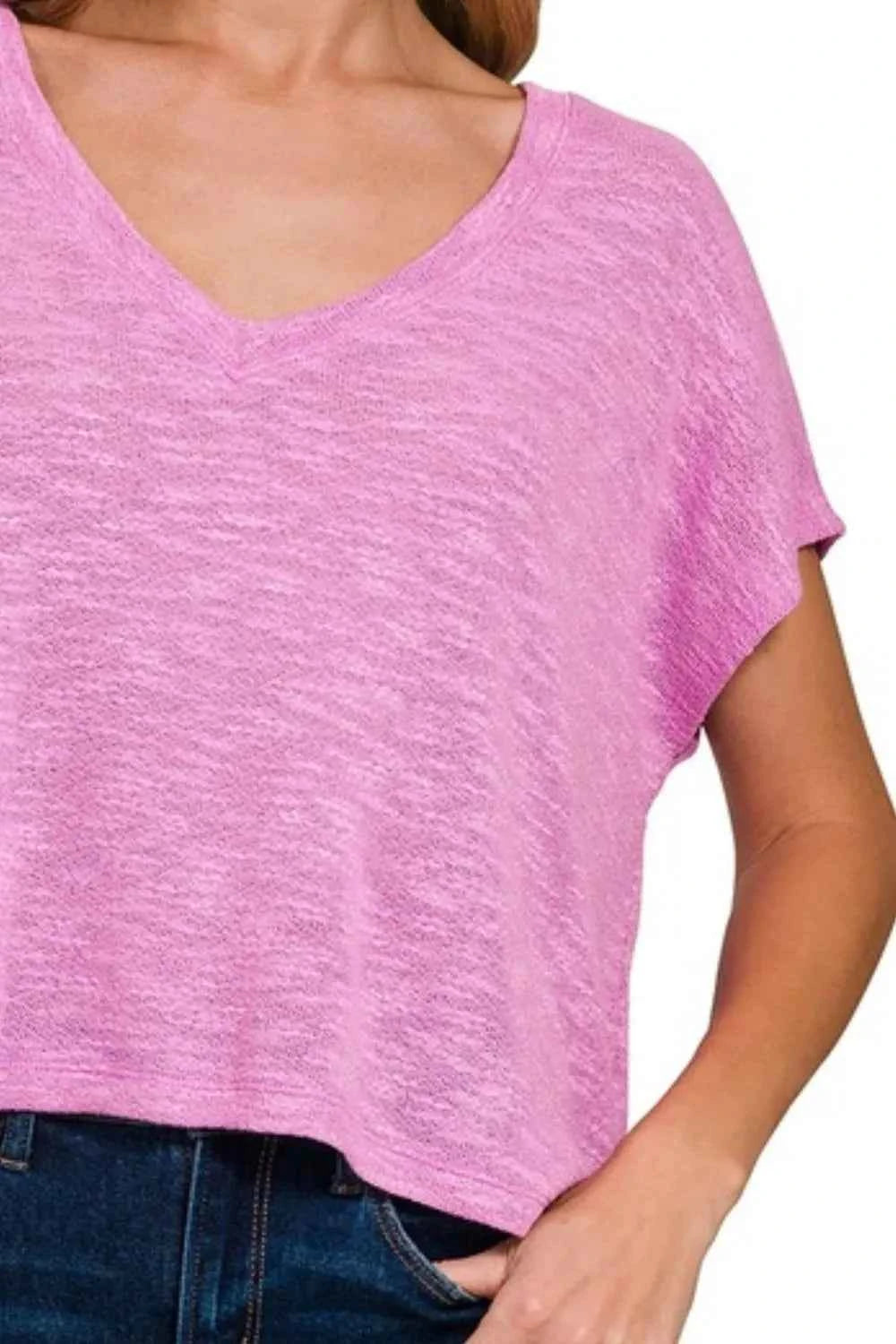 Zenana Hacci Slub V-neck Drop Shoulder Crop Top b5df275f-0724-4b53-954c-074a0f05d56c-Max-Origin