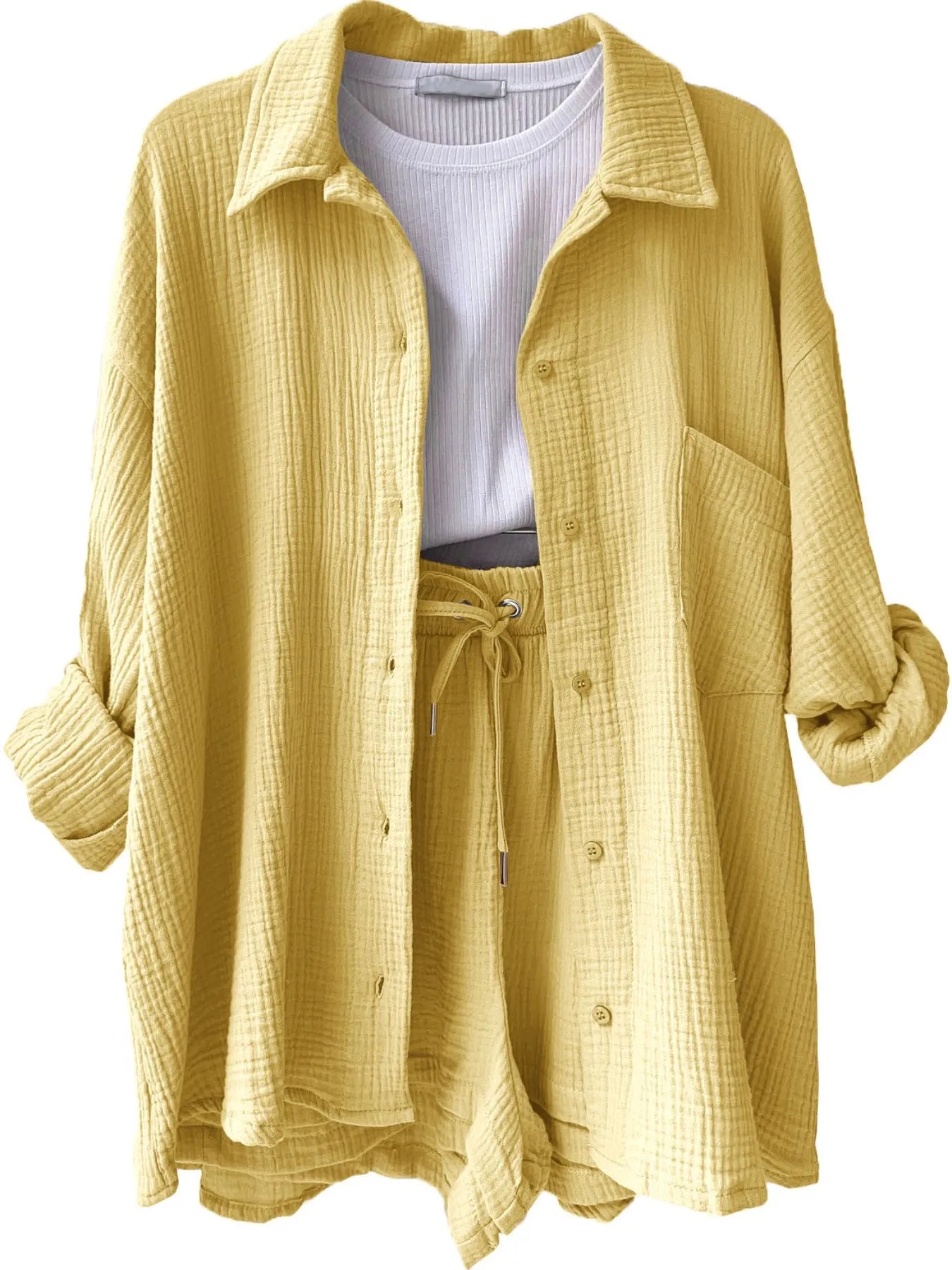 Textured Button Up Shirt and Shorts Set Yellow b5e6e8d6-849f-4062-8e43-b6d027aaf066-Max-Origin