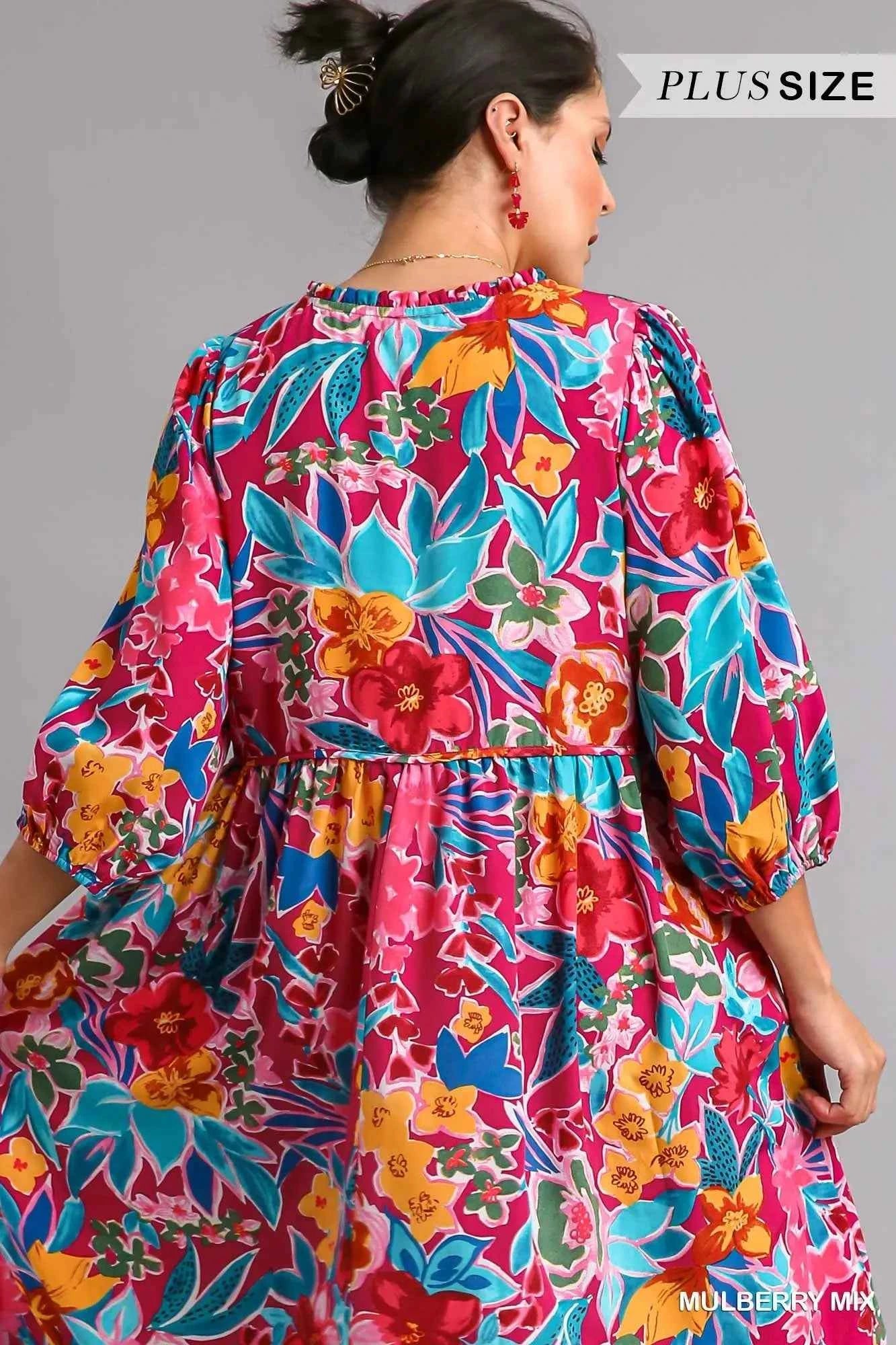 Umgee Full Size Floral Print Tie Neck Midi Dress with Pockets Plus Size b5eb4a8e-c22f-4ea4-b71d-58a9d549ac82-Max-Origin