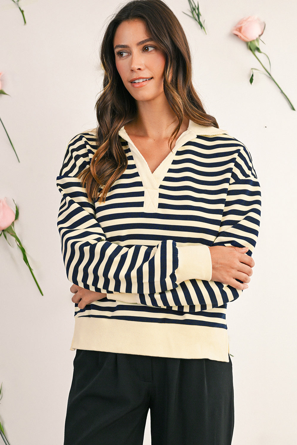 Blue Striped Long Sleeve V Neck Top b5f168d66d1d6faf