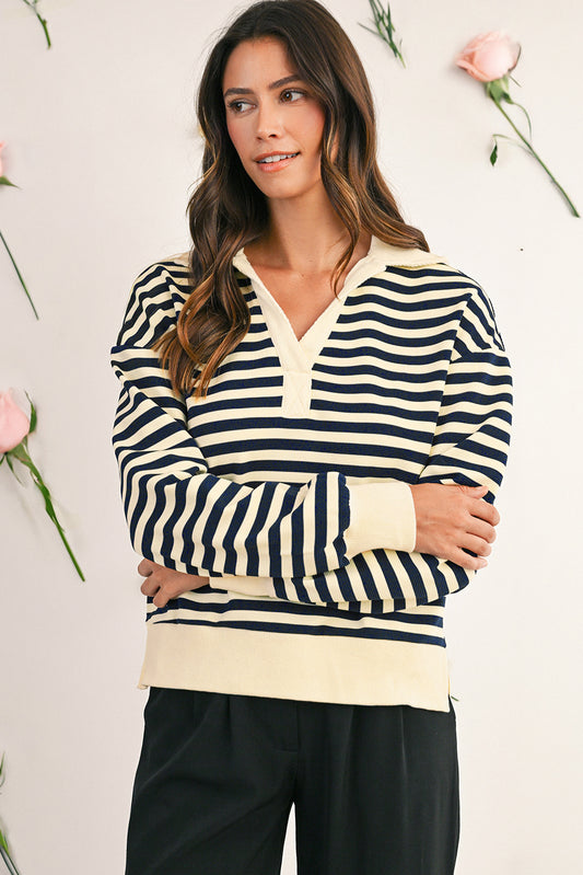Blue Striped Long Sleeve V Neck Top b5f168d66d1d6faf
