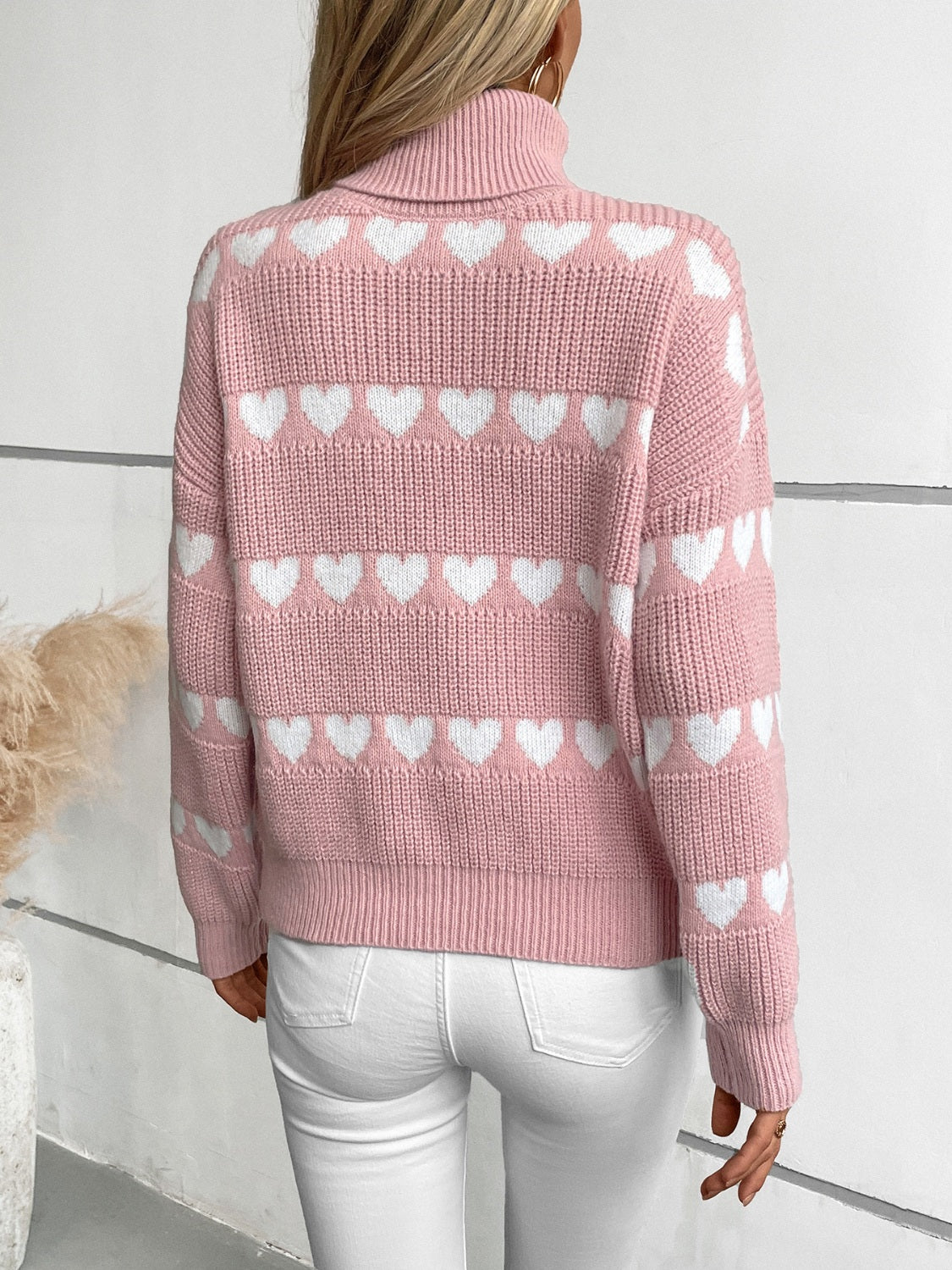 Heart Turtleneck Dropped Shoulder Sweater