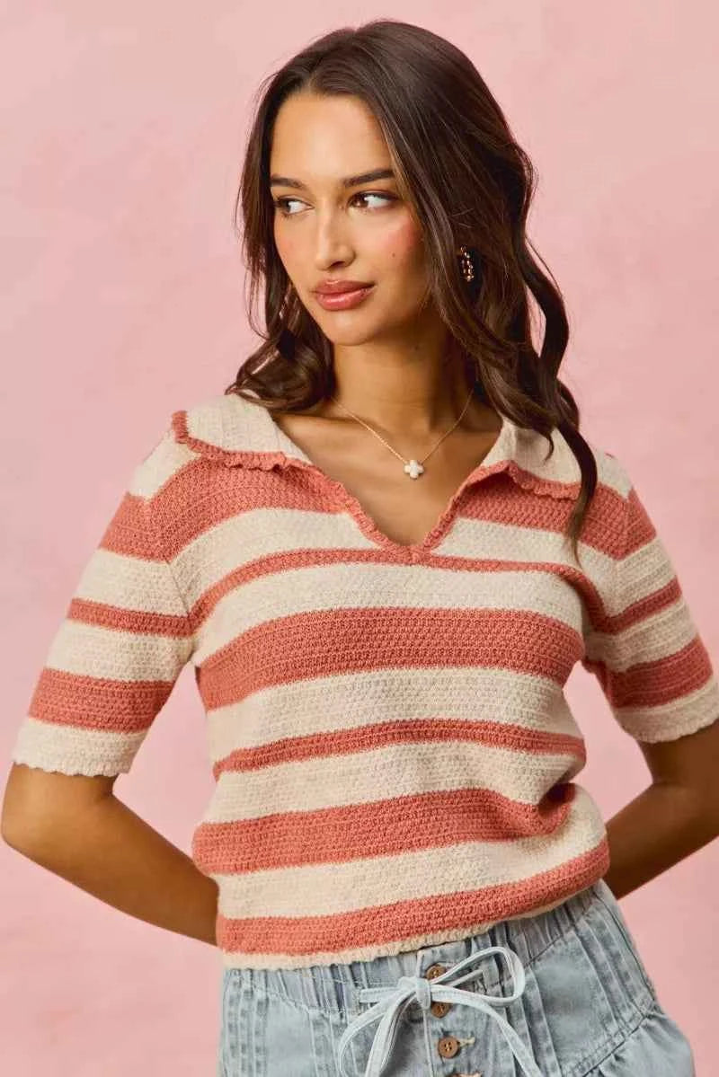 SO ME Stripe Short Sleeve Cropped Sweater b5fb484f35844f05bb7a2db3f5ecec2d-Max-Origin