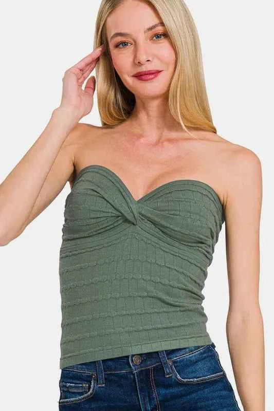 Zenana Ruched Twisted Sweetheart Neck Top Ash Jade b5fc8e28-9e2a-408d-ba4a-431a552bf3a2-Max