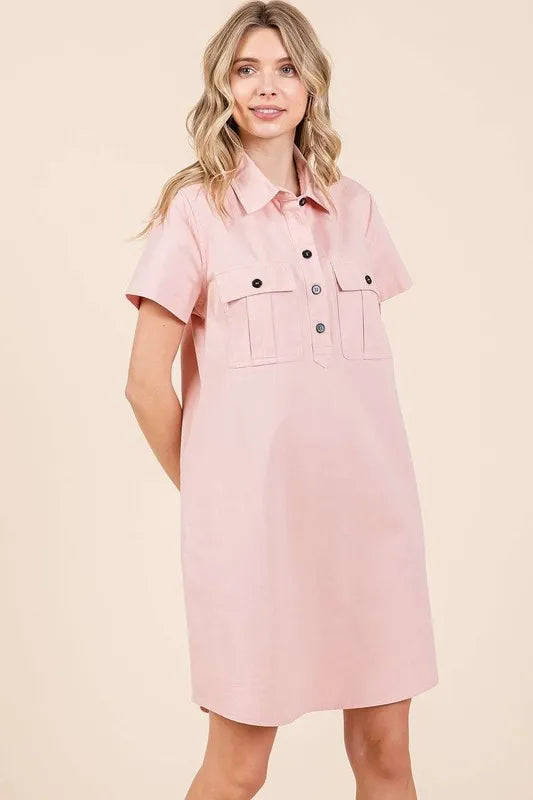 Button Detail Collared Neck Short Sleeve Shirt Dress b602a41a-23f2-4199-86e7-15570c41fbaf-Max
