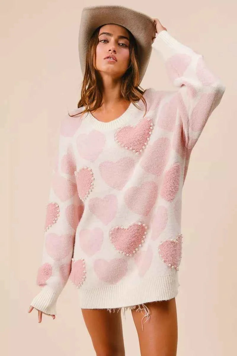 BiBi Heart Pattern Sweater with Pearl Detail b604f881af674ee18d258b86b2021781-Max-Origin